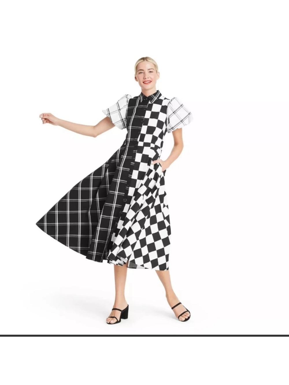Christopher John Rogers Black & White Mixed-Print Midi Dress